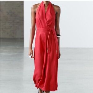 Zara red linen midi dress EUC